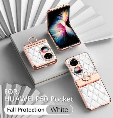 Produktbild von Leder Hülle für Huawei P50 Pocket mit Ringhalterung, Luxus Glitzer Bling Überzug Scharnierschutz Handyhülle Weiß