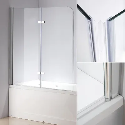 A collage of images showing a shower screen for a bathtub, with close-ups of its features.
