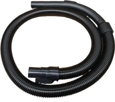 A black vacuum cleaner hose with connectors on a white background.