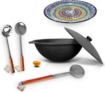 Produktbild von Gusseisen Kazan 22 L Deckel Holzgriff Schaumlöffel WOK Lagan Казан Namangan Kasan