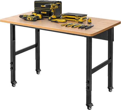 Image de Table de travail réglable sur roulettes, table pliante pour garage, établi en bois massif de grande capacité, table robuste pour atelier, bureau, garage, etc