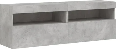 A concrete-effect TV stand with two open compartments.