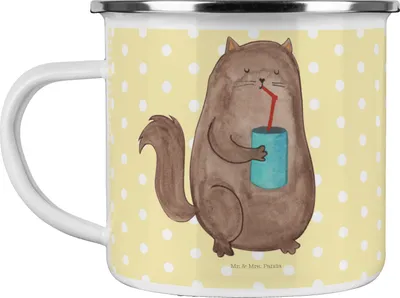 Produktbild von Mr. & Mrs. Panda Teetasse Katze Dose - Gelb Pastell - Geschenk, Kater, emaillebecher, Cat, Motivtasse, Cats, Haferl, Katzen, becher emaille, Tasse, Durstig, trinken