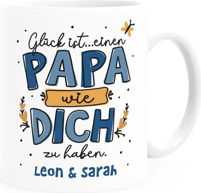Produktbild von Kaffee-Tasse personalisiert Spruch Glück ist einen Papa wie dich zu haben Kinder Namen Geschenke zum Vatertag SpecialMe® Uni-Weiß Keramik-Tasse