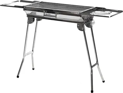 A portable barbecue grill with foldable legs and side shelves, shown from a front-diagonal angle against a white background.