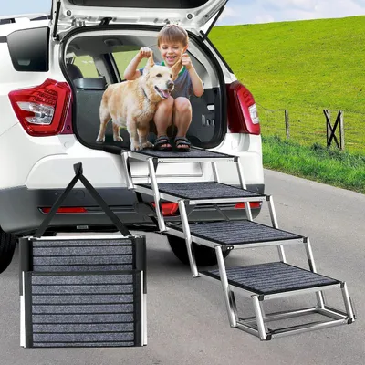 Image de Escalier pour chien, 4 marches, pliable, extra large, jusqu'à 100 kg, antidérapant, hauteur réglable