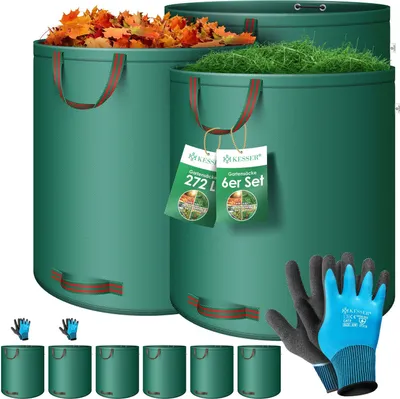 Produktbild von KESSER® Gartensack Set Laubsack Gartenabfallsack inkl. Handschuhe - Selbststehend 4 Griffe Stabil Robust & Faltbar - Laubsäcke Rasenschnitt Gartensäcke für Gartenabfälle Grünschnitt