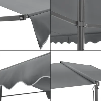 A collage of four close-up images showing details of a dark gray awning.