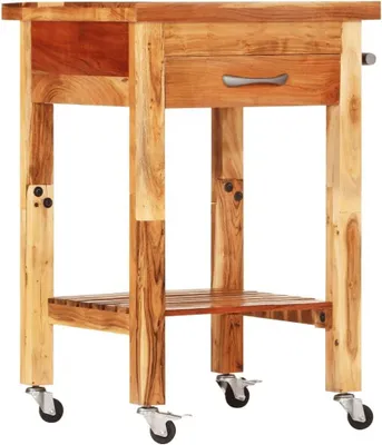 Produktbild von Küchenwagen aus massivem Akazienholz, 55x55x89 cm, mit 4 Rollen und 2 Feststellbremsen, Schublade, Ablage und Handtuchhalter im Vintage-Design