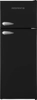 A black retro-style refrigerator with silver handles is shown against a white background.