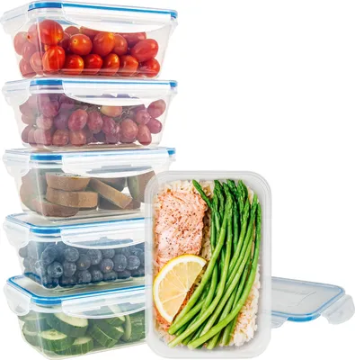 A stack of clear food storage containers filled with various foods, and one container filled with a meal.