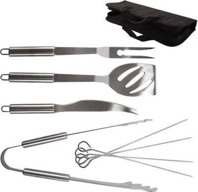 Produktbild von ORION Grillbesteck Grillset 8-teilig Grillzange, Grillwender, Fleischgabel, Grillspachtel + Doppelspieße 4 Stück | mit langen griffen Aufhänge-Ösen