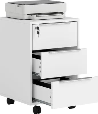 Produktbild von Rollbarer Aktenschrank mit 3 Schubladen und Schloss fš¹r Akten, 40 x 40 x 63,5 cm, wei?