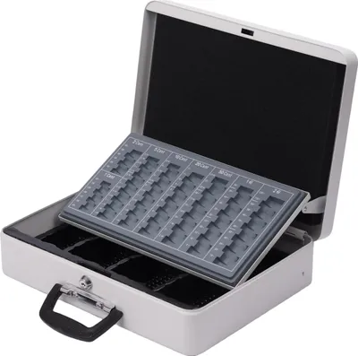 Obrázok produktu pre Relaxdays uzamykateľná pokladnička, priehradka na mince, priehradka na bankovky, pokladnička s uchom, VxŠxH: 10x37x28 cm, železo, biela