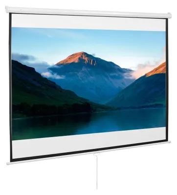 A projection screen displaying a landscape image of mountains and a lake.