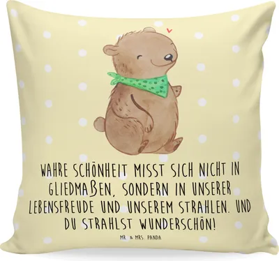 Produktbild von Mr. & Mrs. Panda kuschelkissen 40x40 Bär Dysmelie - Gelb Pastell - Geschenk, kissen bedruckt, Dekokissen, zier, Deko, Sofakissen