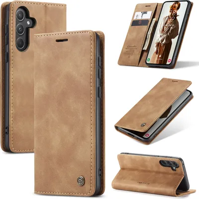 A collage of images showing a brown leather-look phone case for a Samsung Galaxy A55 5G, displayed from different angles and in use.