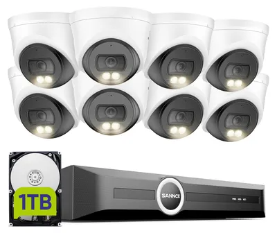 Zdjęcie produktu dla Zestaw kamer monitoringu 2K PoE, składający się z 8 sztuk, z 1TB pamięci – do użytku wewnątrz i na zewnątrz – z funkcją kolorowego widzenia nocnego
