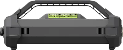 A front view of a portable jump starter and air compressor.