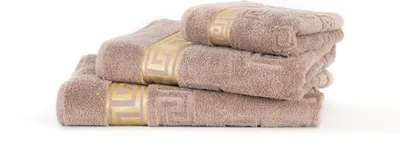 Produktbild von 3tlg. Luxus Medusa Saunatuch Badetuch Handtuch Set - Beige / Hell Braun - Frottee - Goldene Bordüre