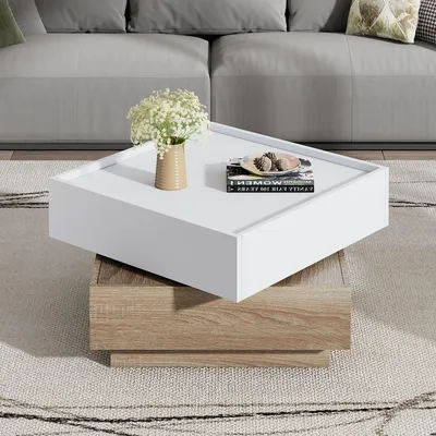 Produktbild von Funktionscouchtisch Wohnzimmertisch, um 360° drehbare , drehbare Tischplatte mit 2 Etagen und Aufbewahrungsschrank, Beistelltisch mit Walnussrahmen für das Wohnzimmer, Weiß,60*60*38cm