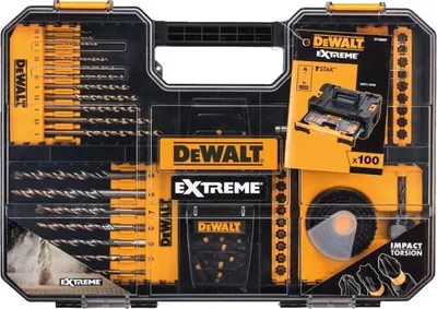 A black and yellow DeWalt tool case containing various drill bits and accessories.