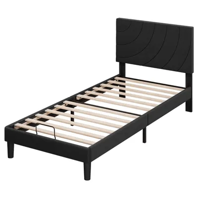 Produktbild von Einzelbettgestell 90x200 cm Polsterbett mit geschwungenem Kopfteil Metallrahmen Stahl Stauraum unter dem Bett Plattformbett geräuschlos Schwarz
