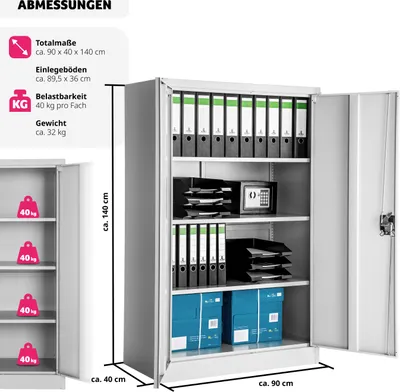 Produktbild von Tectake Aktenschrank 140x90x40 cm, Stahl, Grau, abschließbar, 4 Fächer, 2 Türen, höhenverstellbare Einlegeböden