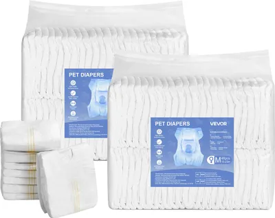 Two large packages of pet diapers are shown, with a few individual diapers stacked in the foreground.