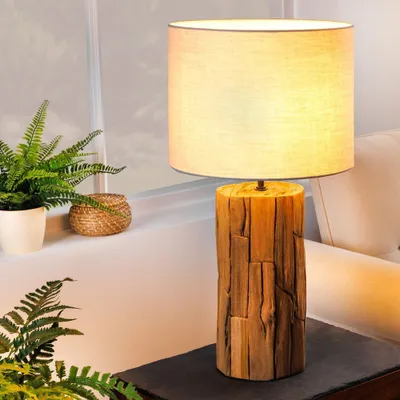 Produktbild von cagü: Unikat Tischlampe SABAH Grau Leinenschirm aus Teak-Treibholz handgefertigt 60cm