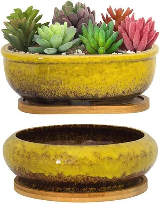 Produktbild von Famanu Keramische Blumentöpfe mit Abfluss und Bambusuntersetzer - Rechteckige und Runde Töpfe für Sukkulenten und Bonsai