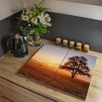 Produktbild von banjado Herdabdeckplatte zweiteilig je 30x52cm groß mit Gummi Abstandshalter, ESG Sicherheitsglas mit Motiv Sonnenaufgang [HAP2 12297]