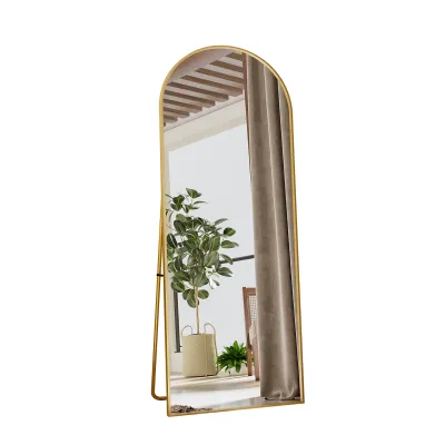 Obrázek produktu pro Obloukové celoplošné zrcadlo, 165 × 60 cm, stojící zrcadlo se zlatým rámem, velké nástěnné zrcadlo na postavení, opření nebo zavěšení, podlahové zrcadlo do ložnice, obývacího pokoje