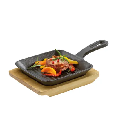 Produktbild von KÜCHENPROFI Grill-/Servierpfanne eckig mit Holzbrett BBQ 23x13,5x5,5cm