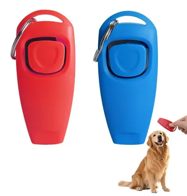 Productafbeelding van 2-in-1 hondenklikker met fluit - set van 2 in rood en blauw