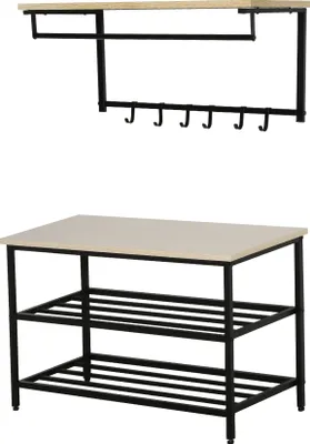 Produktbild von HOMCOM 2-in-1 Garderobenset Flurgaderobe mit Sitzbank Wandgarderobe für Eingangsbereich, 6 Haken, Natur+Schwarz, 75 x 30 x 45 cm(Sitzbank)
