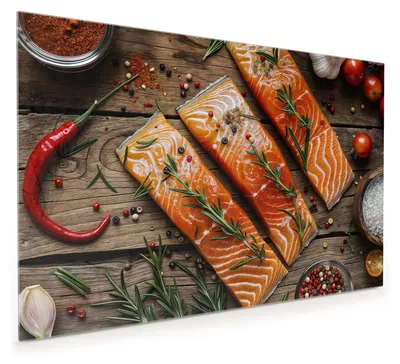 Produktbild von Küchenrückwand Spritzschutz Glas mit Motiv Lachsfilets 40 x 40 cm