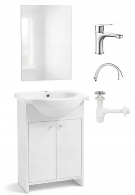 Immagine prodotto di Set da bagno con specchio, lavabo, rubinetto e sifone 85x65 cm, bianco