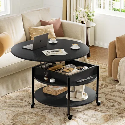 Produktbild von FABATO Runder Couchtisch mit Höhenverstellung, Rädern und Staufach - 26,77 Zoll, 2-stufig, ideal für Wohnzimmer, in Schwarz