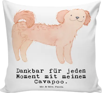 Produktbild von Mr. & Mrs. Panda Deko Kissen Cavapoo Moment - Weiß - Geschenk, Cavoodle, Sofakissen, kuschelkissen 40x40, bedruckt, Sofa, Dekokissen