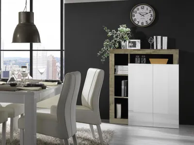 Produktbild von Highboard mit 2 Türen & 4 Ablagen - Weiß lackiert & Eichefarben - SEFRO