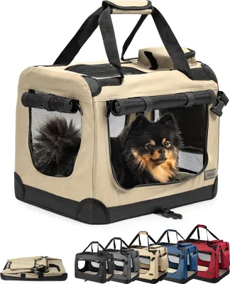 A beige dog carrier with two dogs inside, shown from the front and side. Below are several other dog carriers in different colors and a folded carrier.