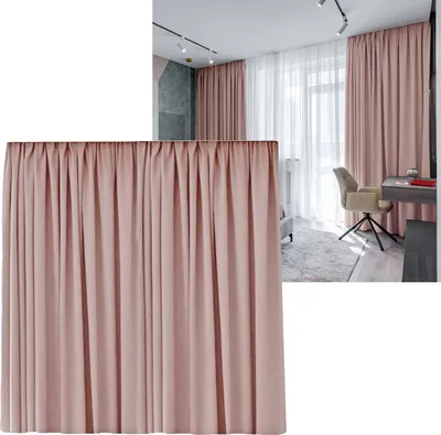 A collage showing a close-up of a pink curtain and a room with pink curtains, a desk, and a chair.