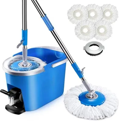 Produktbild von Teleskopp-Mopp-Set mit Eimer, 5 Moppköpfen, Bodenreinigung für Holz und Fliesen, Borstenkopf