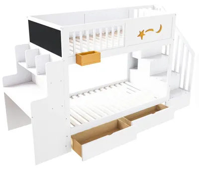 Image de Lit superposé pour enfant - 90 x 200 cm, en bois massif de pin - Tiroirs de rangement - Escalier de sécurité - Bureau intégré - Motifs d'étoiles - Blanc