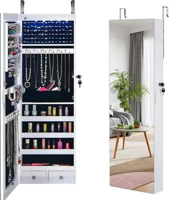 Produktbild von Schmuckschrank, Schmuckregal mit 2 Schubladen & LED-Beleuchtung & Spiegel & Schloss, Schmuckorganizer für Ohrringe & Armband & Kette & Ringe & Kosmetik, Tür- & Wandmontage (Weiss)