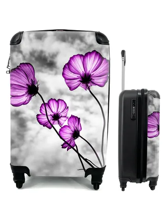Produktbild von MuchoWow® Koffer Handgepäck Trolley Rollkoffer Kleine Reisekoffer mit 4 Rollen - Blumen - Schwarz - Weiß - Lila - Cabin Size < 55x40x23 cm & 55x40x20 cm - Fotokoffer - Kabinenkoffer - Boardgepäck - Reise-Box - Reisekoffer - Reisegepäck - Koffer mit Bild - Trolley für Kinder