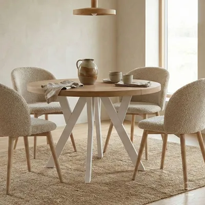 Produktbild von Runder Ausziehbarer Tisch für Esszimmer, PERO, Loft-Stil, Skandinavische, Durchmesser: 90 / 190 cm, Farbe: Eiche Lancelot / Weiß