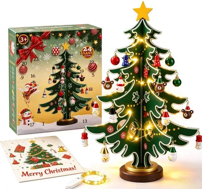 Produktbild von Adventskalender 2026 Hölzerner Weihnachtsbaum mit Lichterkette