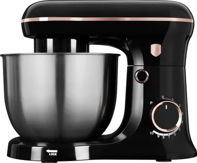 A black and rose gold stand mixer with a silver bowl is shown against a white background.